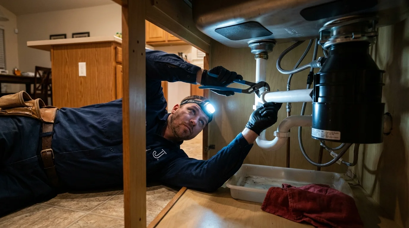 P-trap and supply line connections under a kitchen sink showing a common leak point in Dahlgren, VA